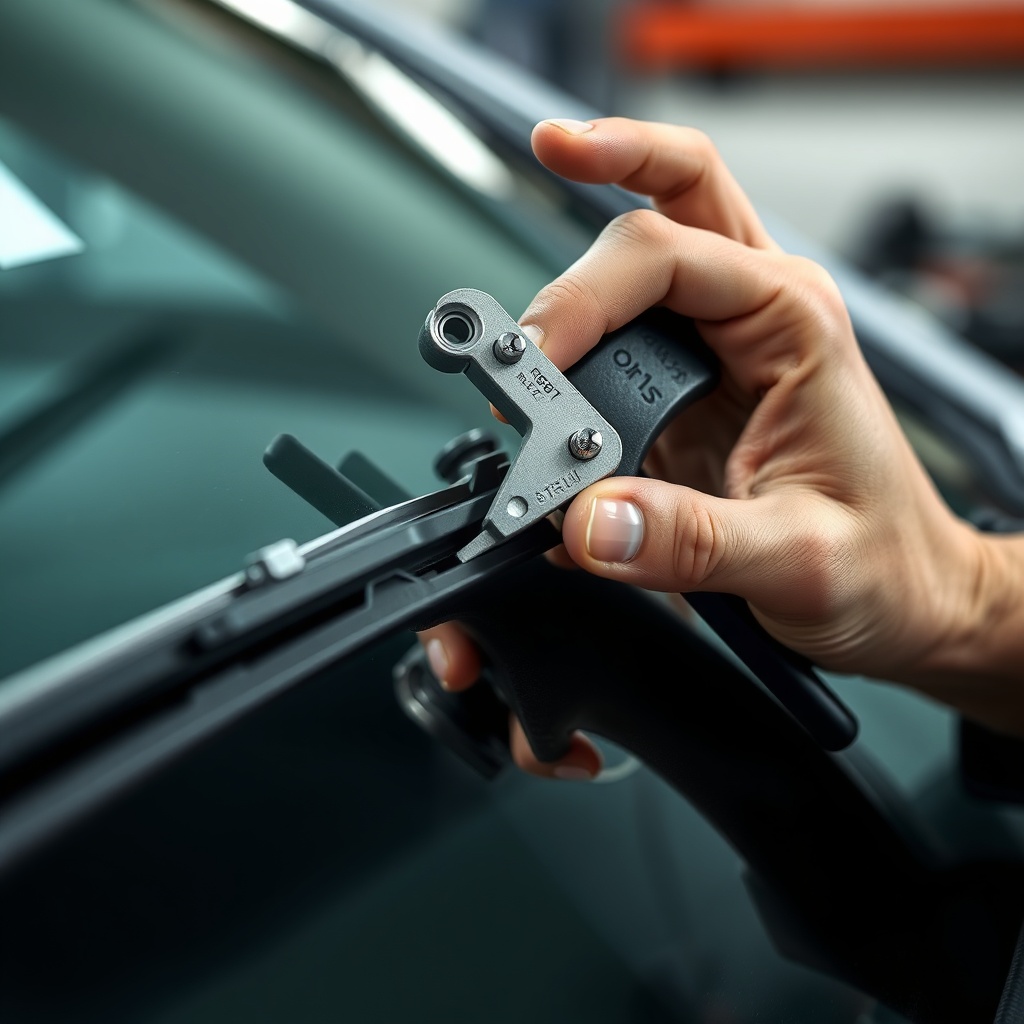 공구를 사용하여 자동차 와이퍼 암의 각도를 조절하는 모습