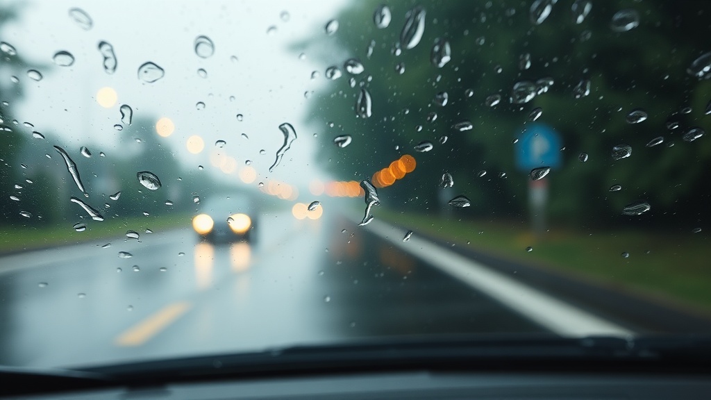 비 오는 날 자동차 실내에서 앞유리 와이퍼가 작동하며 시야를 확보하는 장면